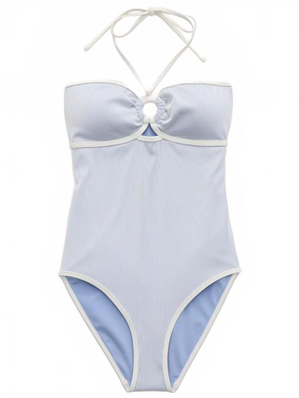 AE Aerie Ribbed Bandeau Halter One Piece Swimsuit American Eagle NWT Monaco Blue